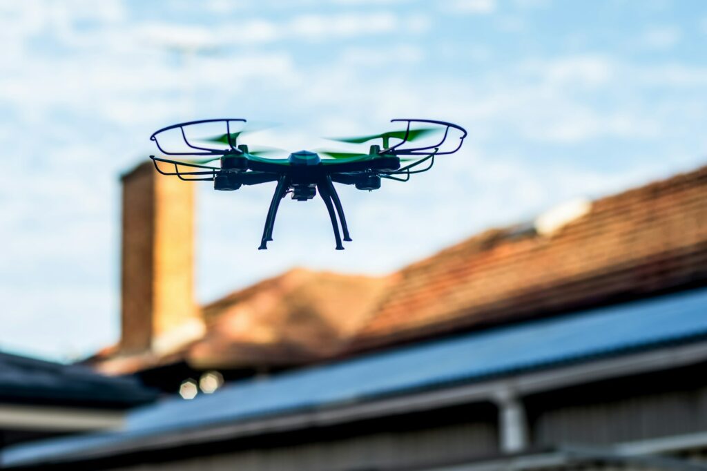 Drone flying above the roofs